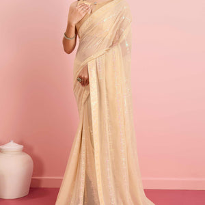 Cream Floral Sequins Embroidered Georgette Saree