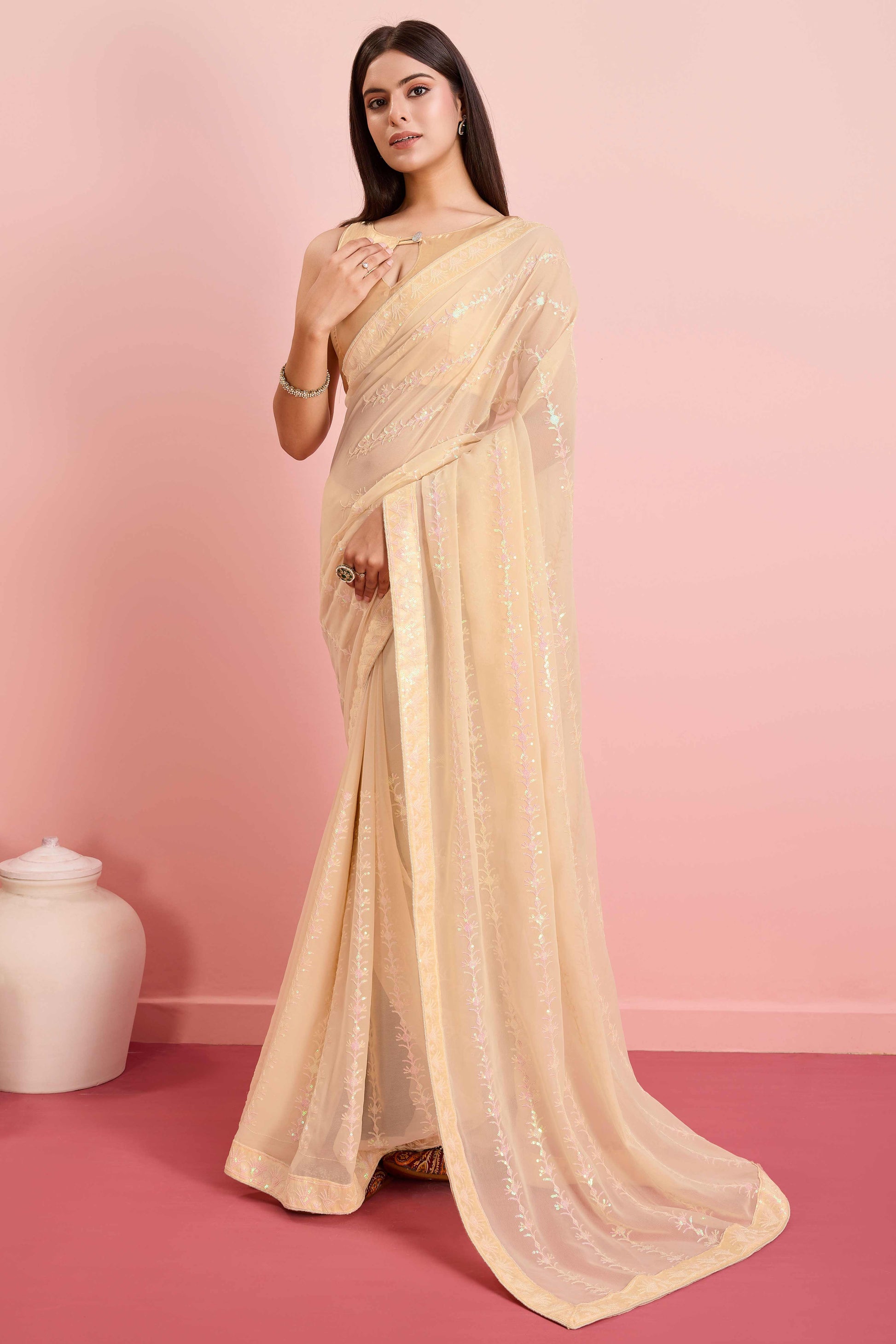 Cream Floral Sequins Embroidered Georgette Saree