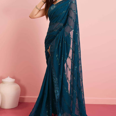 Morpich Floral Sequins Embroidered Georgette Saree