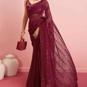 Maroon Floral Sequins Embroidered Georgette Saree