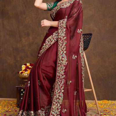 Maroon Floral Sequins Embroidered Vichitra Rangoli Silk Saree