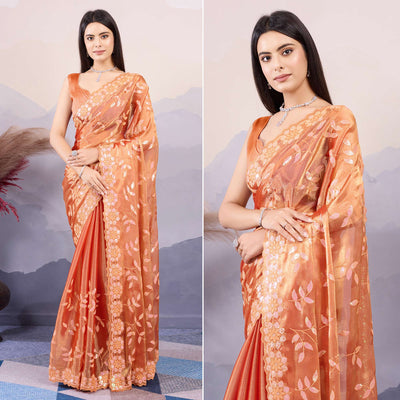 Burnt Orange Sequins Embroidered Art Silk Saree