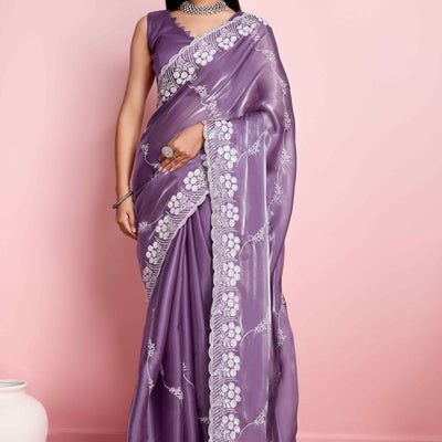 Lavender Floral Sequins Embroidered Jimmy Choo Tissue Saree