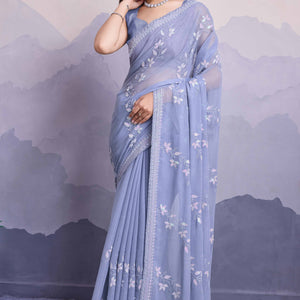 Lavender Floral Sequins Embroidered Chiffon Saree