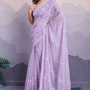 Light Purple Floral Sequins Embroidered Chiffon Saree