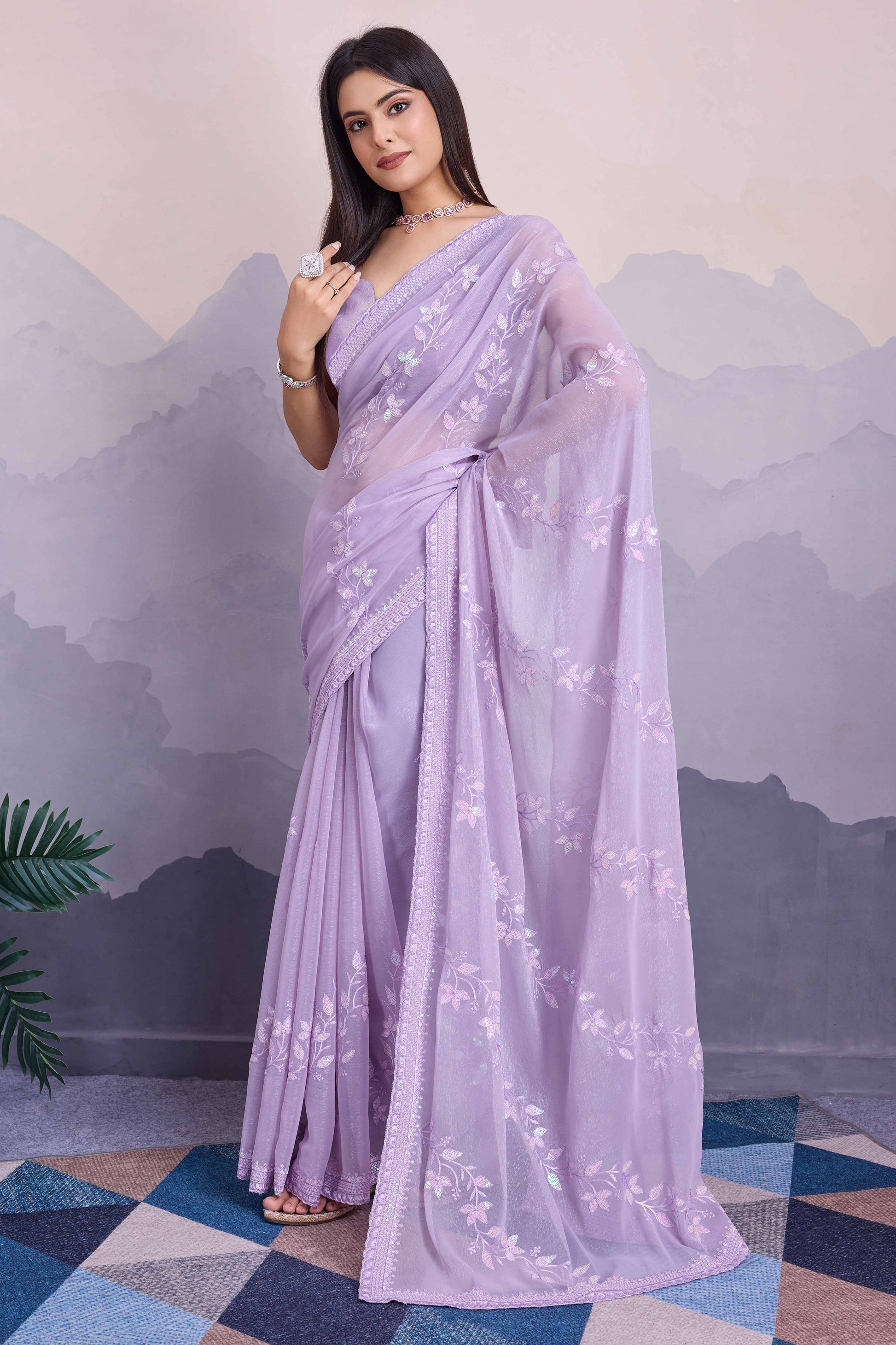 Light Purple Floral Sequins Embroidered Chiffon Saree