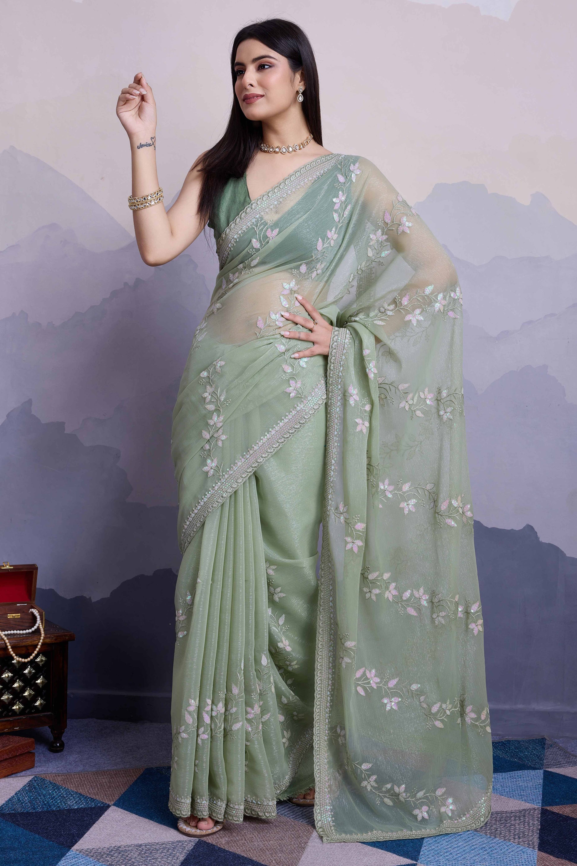 green-floral-sequins-embroidered-chiffon-saree-15