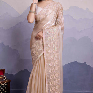Cream Floral Sequins Embroidered Jimmi Choo Zoya Silk Saree