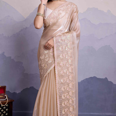 Cream Floral Sequins Embroidered Jimmi Choo Zoya Silk Saree