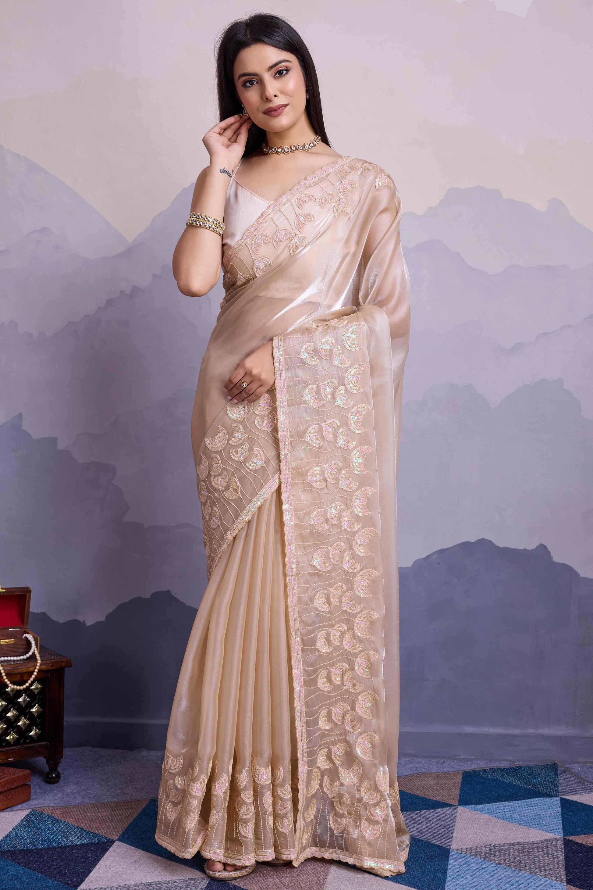 Cream Floral Sequins Embroidered Jimmi Choo Zoya Silk Saree