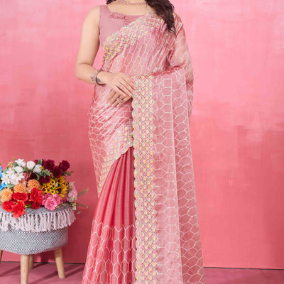 Gajari Pink Floral Sequins Embroidered Mulberry Silk Saree
