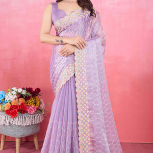 Lavender Floral Sequins Embroidered Mulberry Silk Saree