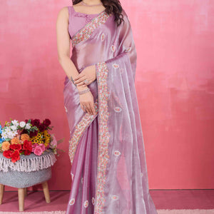 Light Purple Floral Sequins Embroidered Mulberry Silk Saree