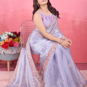 Lavender Floral Sequins Embroidered Mulberry Silk Saree