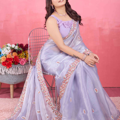 Lavender Floral Sequins Embroidered Mulberry Silk Saree