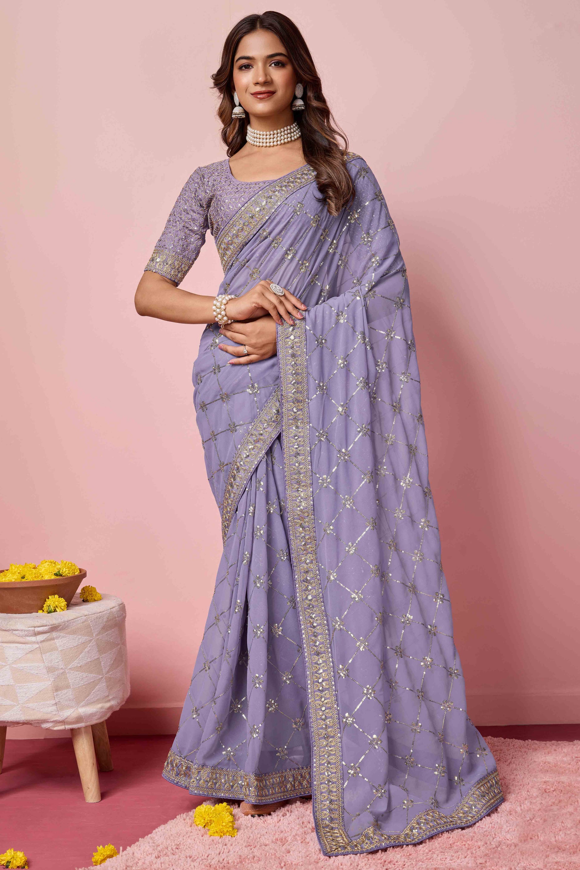 Lavender Sequins Embroidered Georgette Saree