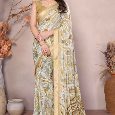 Dark Mustard Floral Printed Moss Art Silk Saree
