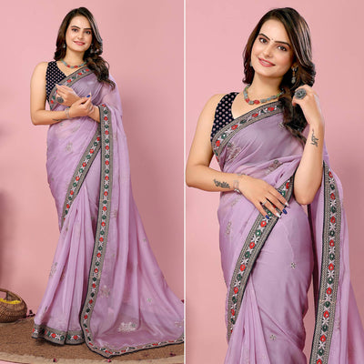 Lavender Floral Sequins Embroidered Organza Saree