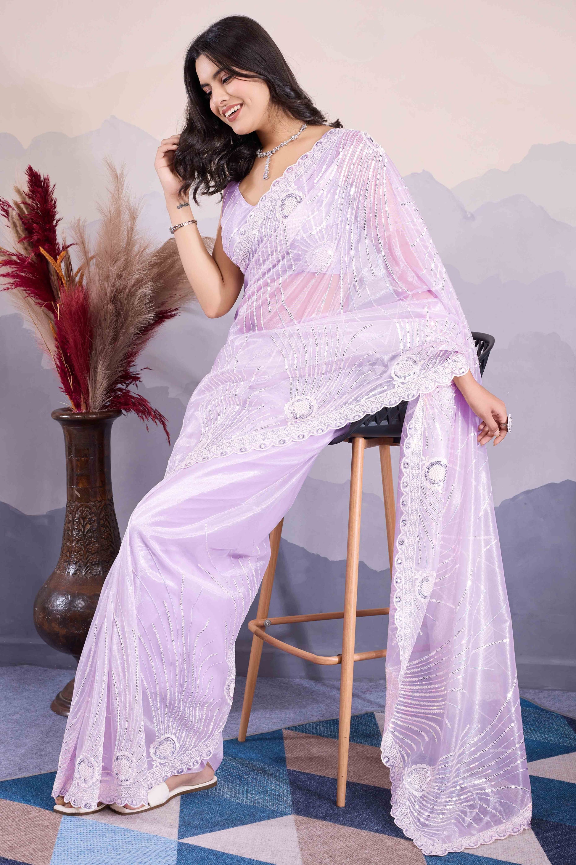 Lavender Sequins Embroidered Twill Net Saree