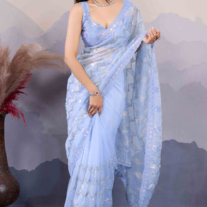 Blue Sequins Embroidered Twill Net Saree