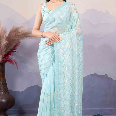 Light Turquoise Sequins Embroidered Twill Net Saree