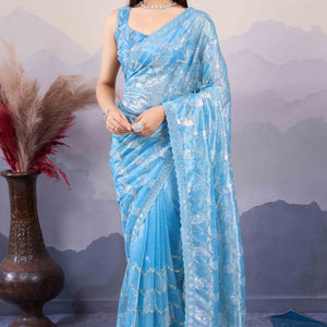 Blue Sequins Embroidered Twill Net Saree