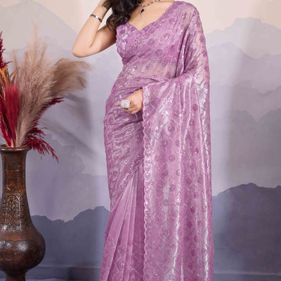 Mauve Sequins Embroidered Twill Net Saree