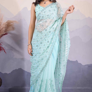 Blue Sequins Embroidered Twill Net Saree