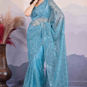 Blue Sequins Embroidered Twill Net Saree
