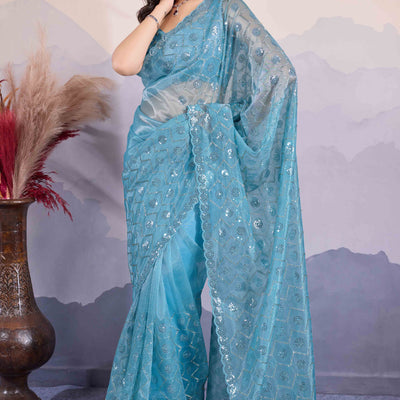 Blue Sequins Embroidered Twill Net Saree