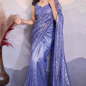 Light Slate Blue Sequins Embroidered Twill Net Saree