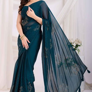 Morpich Blue Floral Swarovski Work Rangoli Art Silk Ready To Wear Saree