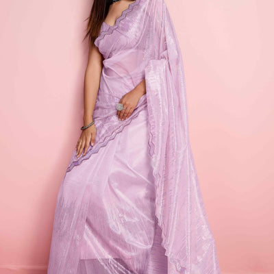 Lavender Sequins Embroidered Silver Twill Net Saree