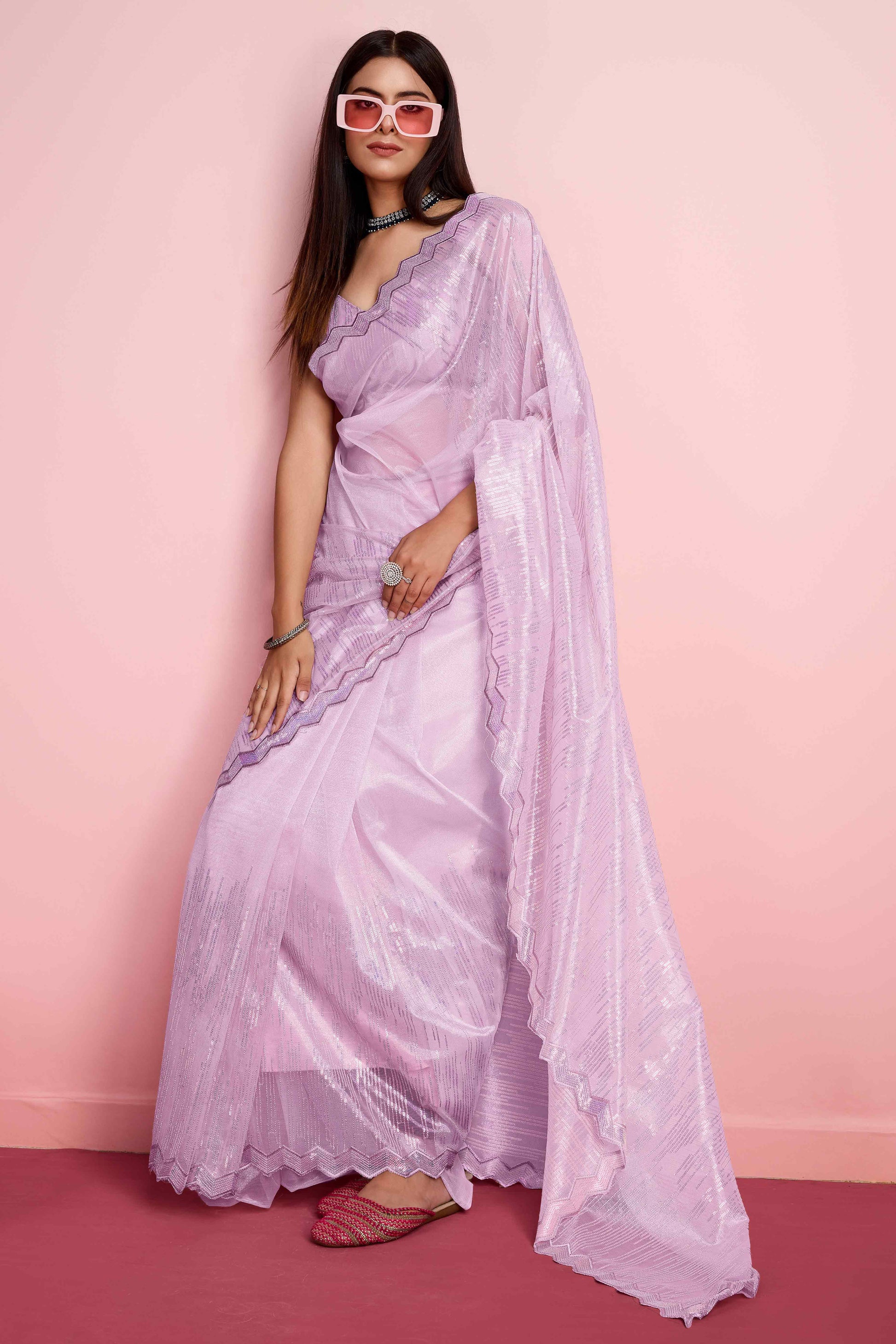 Lavender Sequins Embroidered Silver Twill Net Saree
