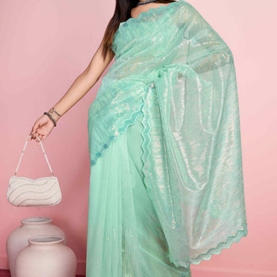 Foam Sea Green Sequins Embroidered Silver Twill Net Saree