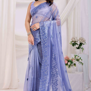Lavender Floral Sequins Embroidered Twill Net Saree