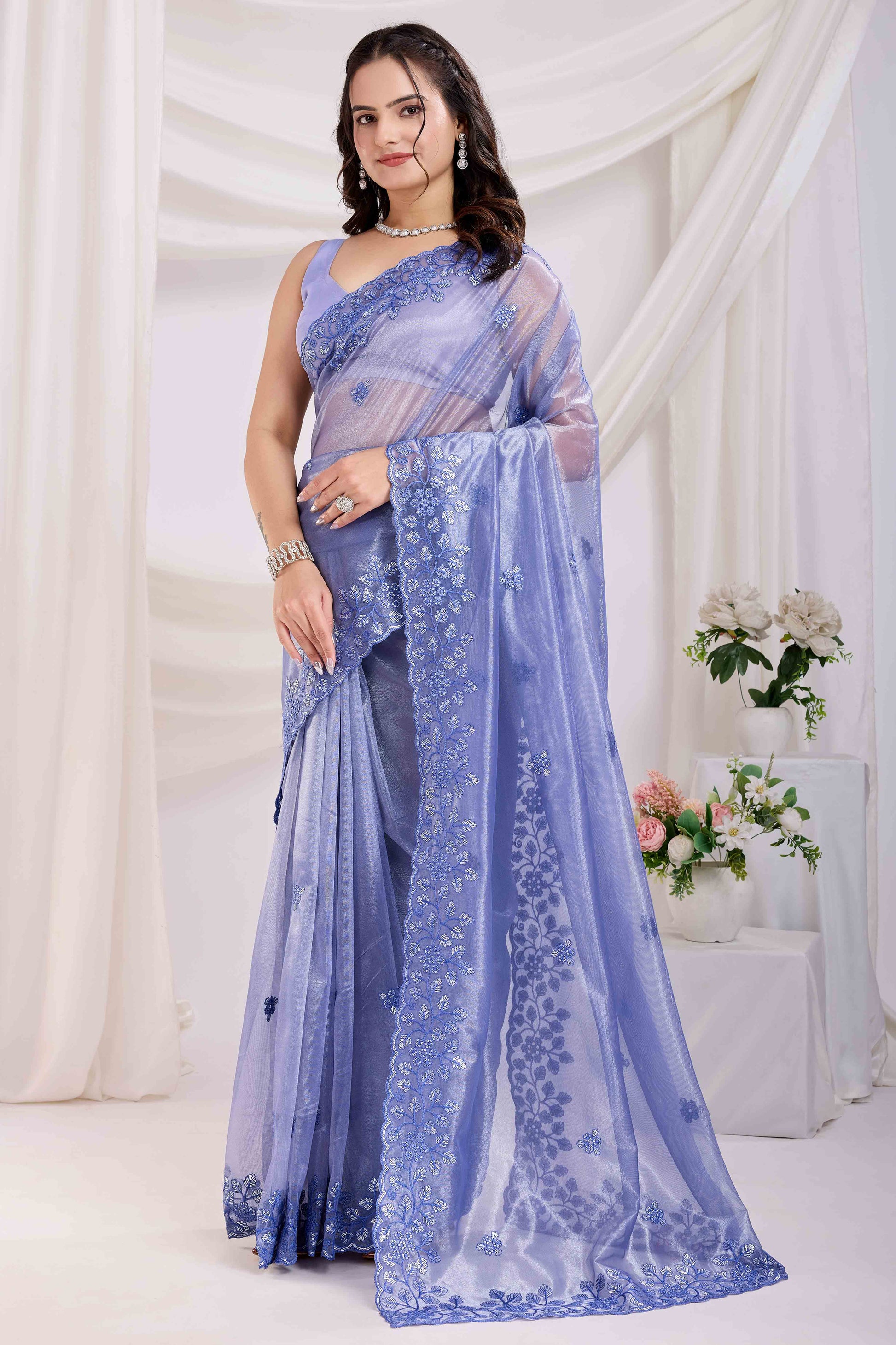 Lavender Floral Sequins Embroidered Twill Net Saree