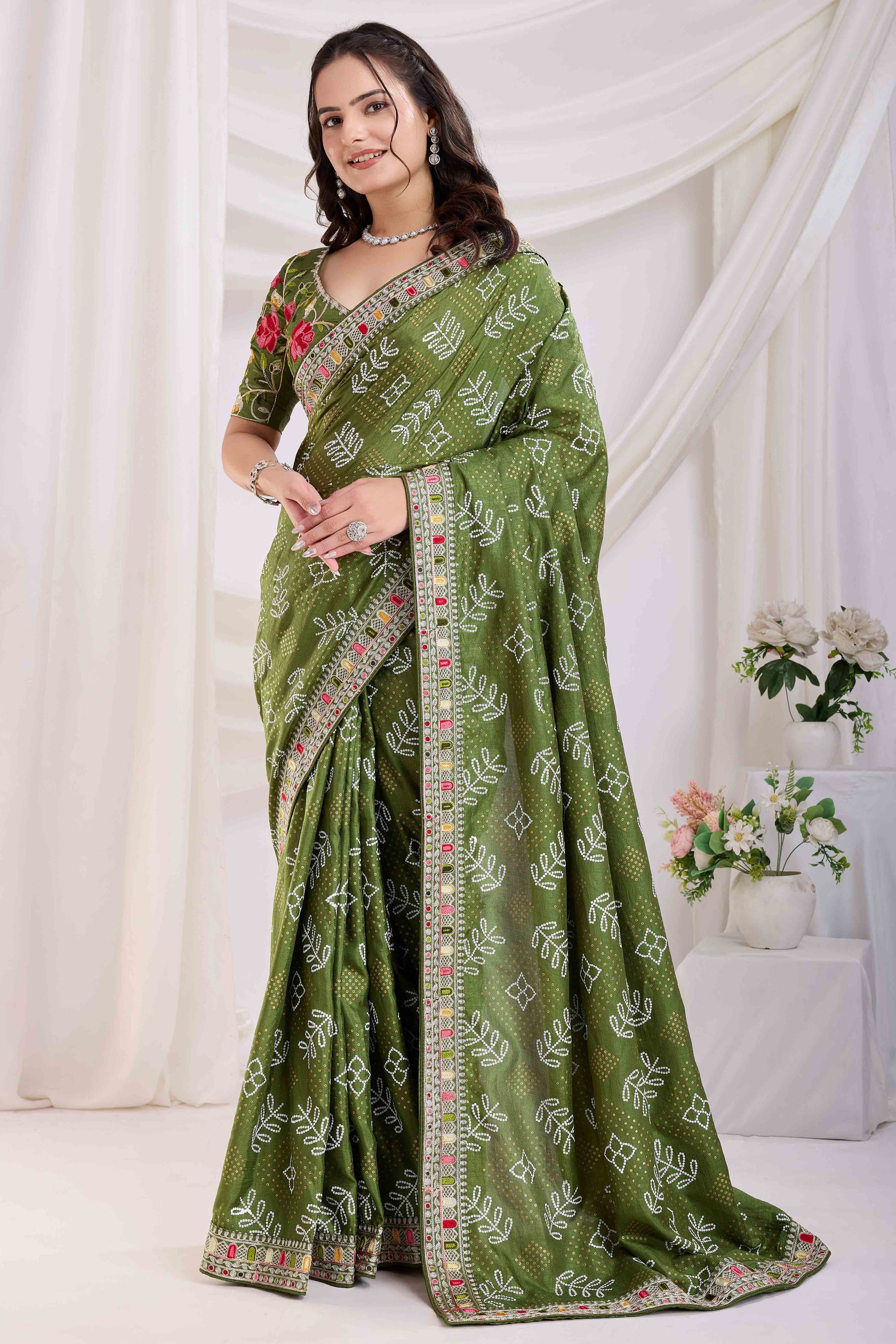 green-bandhani-printed-with-embroidered-border-vichitra-silk-saree
