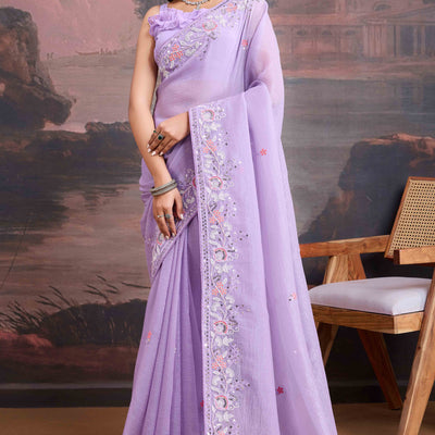 Lavender Floral Sequins Embroidered Organza Saree