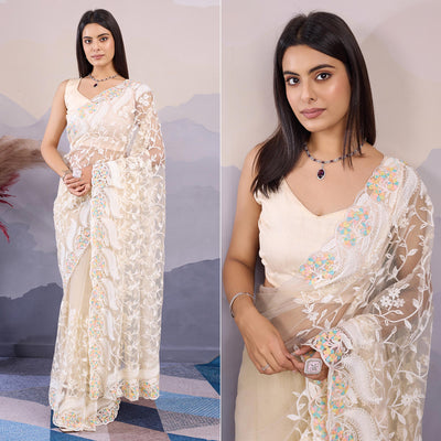Cream Floral Thread Embroidered Net Saree