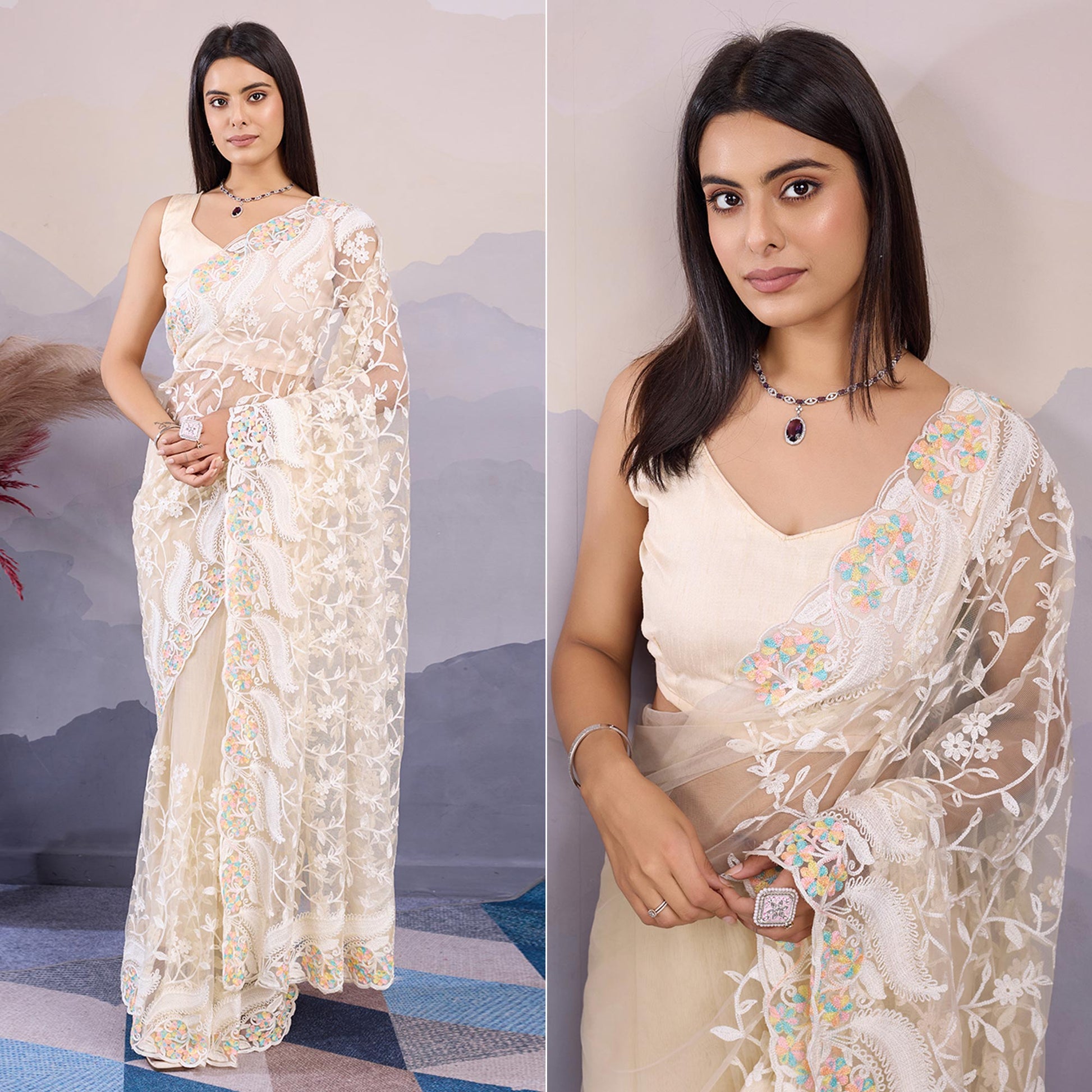 Cream Floral Thread Embroidered Net Saree