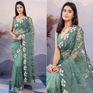 green-floral-thread-embroidered-net-saree