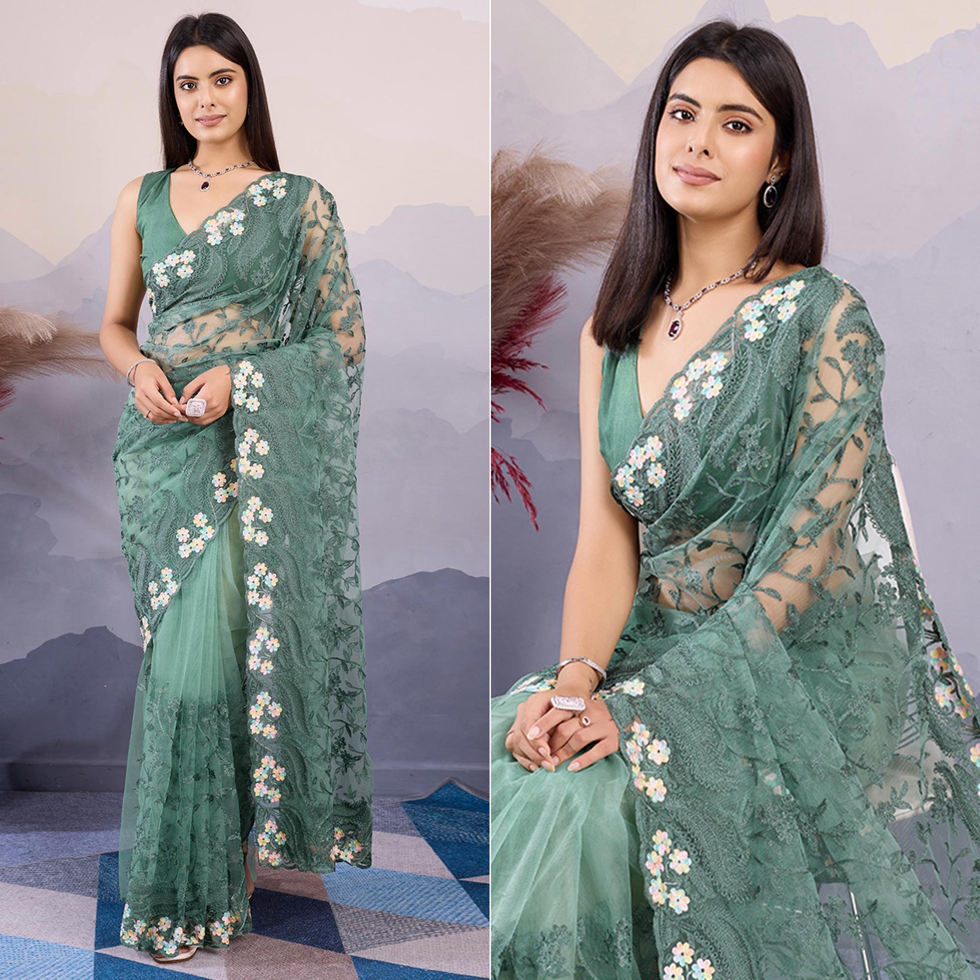 green-floral-thread-embroidered-net-saree