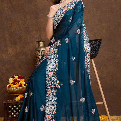 Morpich Blue Floral Sequins Embroidered Vichitra Rangoli Silk Saree