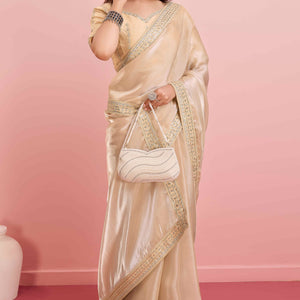 Cream Solid With Floral Sequins Embroidered Jimmy Choo Tissue Saree