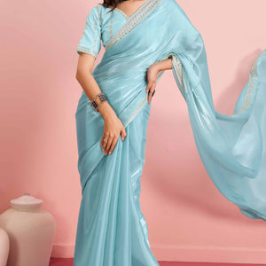 Blue Solid With Floral Sequins Embroidered Jimmy Choo Tissue Saree