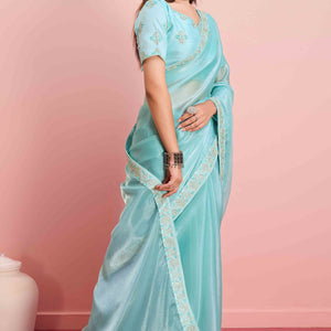Blue Solid With Sequins Embroidery Border Mulberry Silk Saree