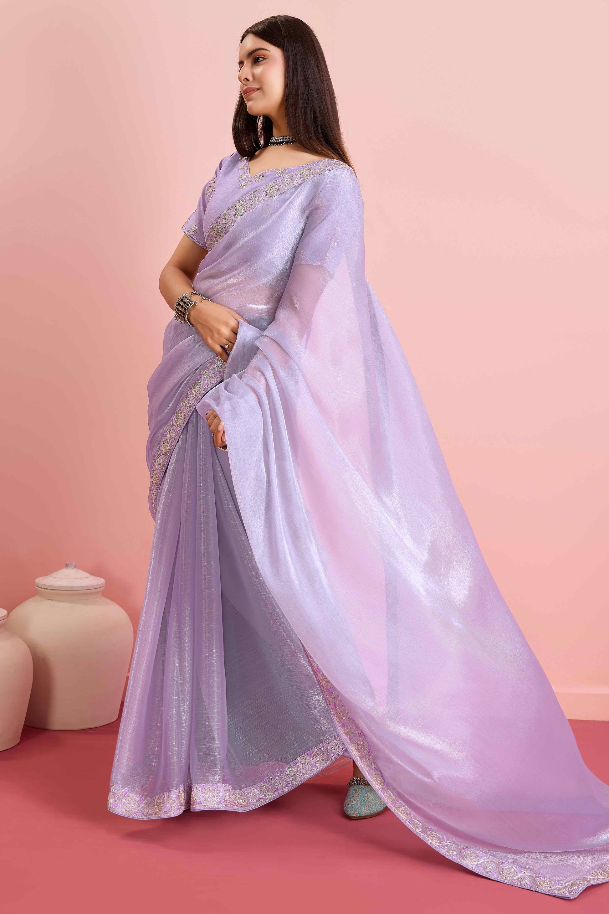 Lavender Solid With Sequins Embroidery Border Mulberry Silk Saree