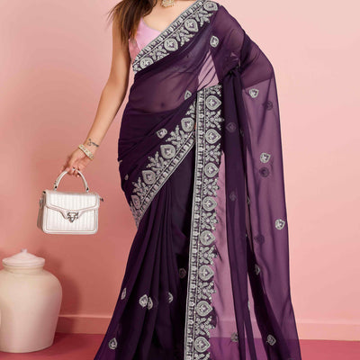 Dark Purple Floral Sequins Embroidered Georgette Saree