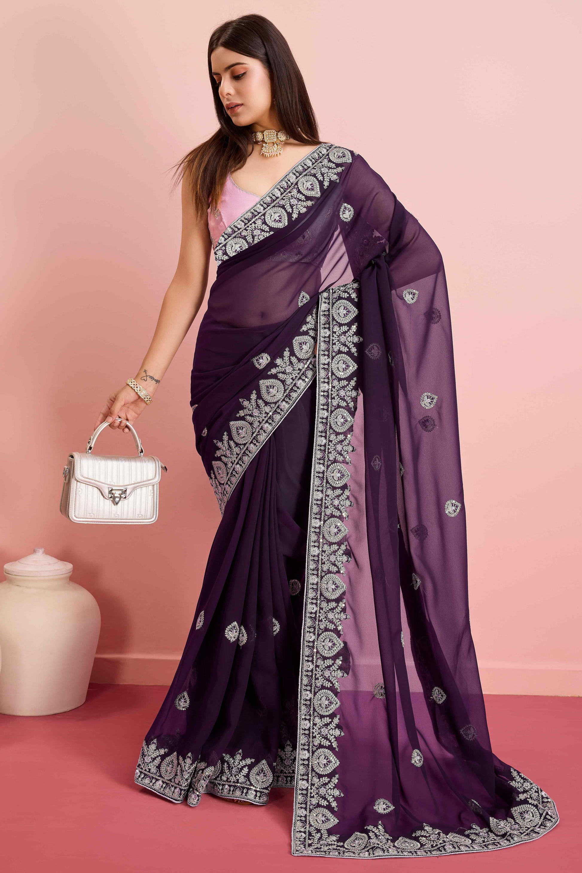 Dark Purple Floral Sequins Embroidered Georgette Saree